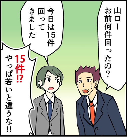 山口。お前何件回ったの？今日は15件回ってきました。15件！やっぱり若いと違うな！！