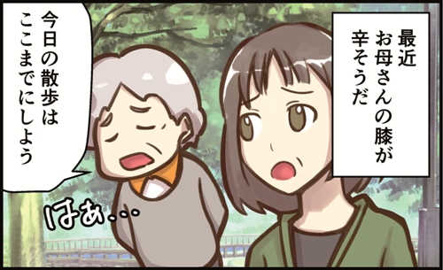 最近、お母さんの膝が辛そうだ。今日の散歩はここまでにしよう。