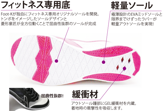 フィットネス専用底：Foot-Kシューズが独自にフィットネス専用オリジナルソールを開発。トンボをイメージしたソールデザインと菱形意匠が全方位に動くことで屈曲性抜群のソールが完成。　軽量ソール：極薄設計のEVAミッドソールと限界までけずったラバーが軽量アウトソールを実現！　緩衝材：アウトソール踵部にGEL緩衝材を内蔵。着地時の衝撃性を吸収します。